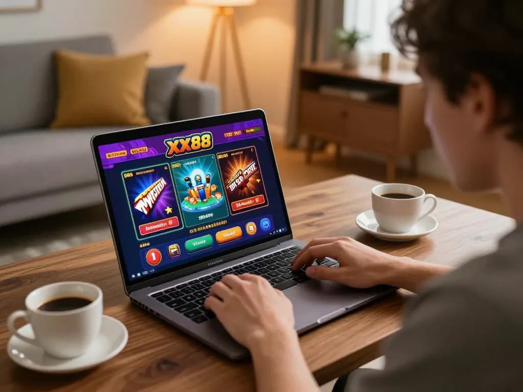 Player enjoying engaging games at XX88 online casino on a laptop in a cozy home setup.