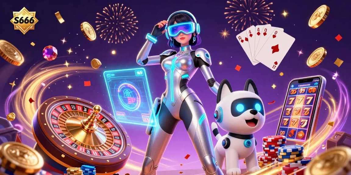 S666 captivates with a stunning scene of interactive casino gameplay featuring vibrant elements and a dynamic holographic interface.