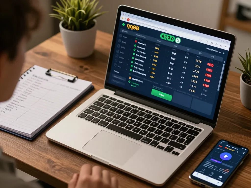 Betting on qq88 sports using a laptop and smartphone in a comfortable home setting