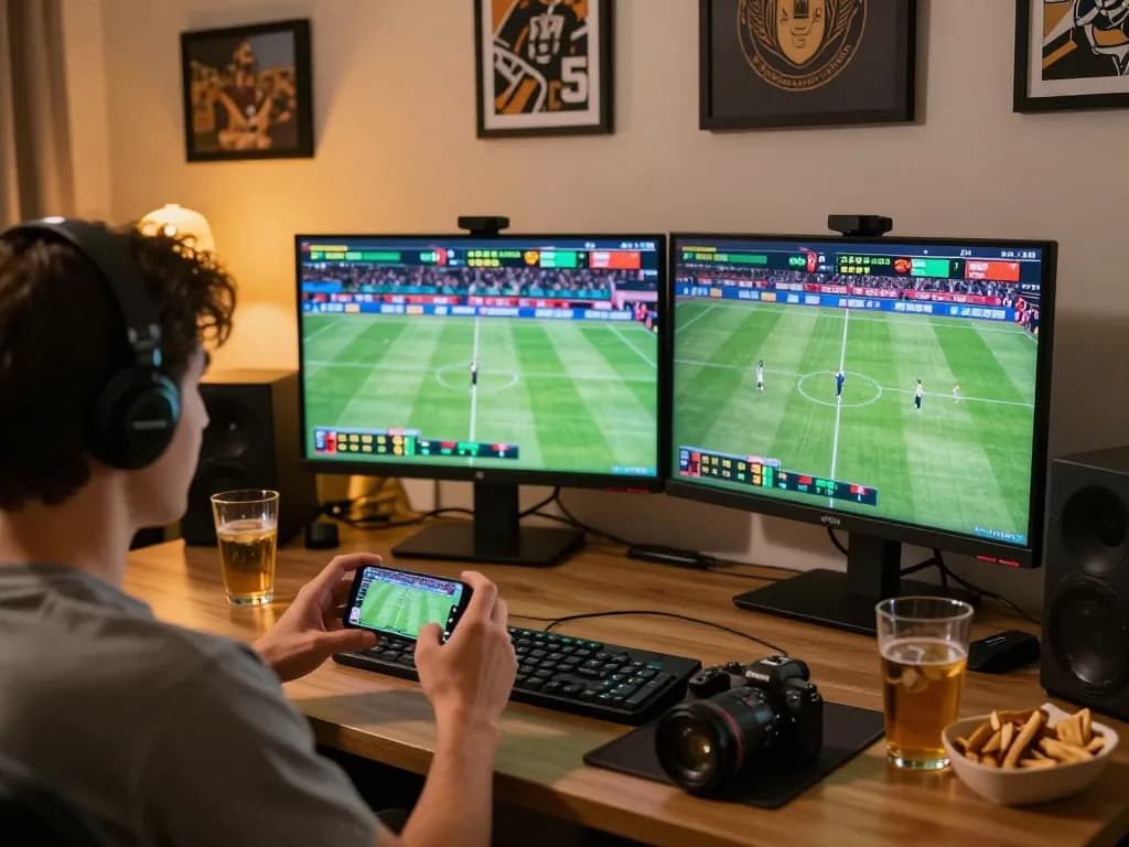 Engaged user placing bets on 88CLUB while watching live sports, showcasing dynamic online gambling.