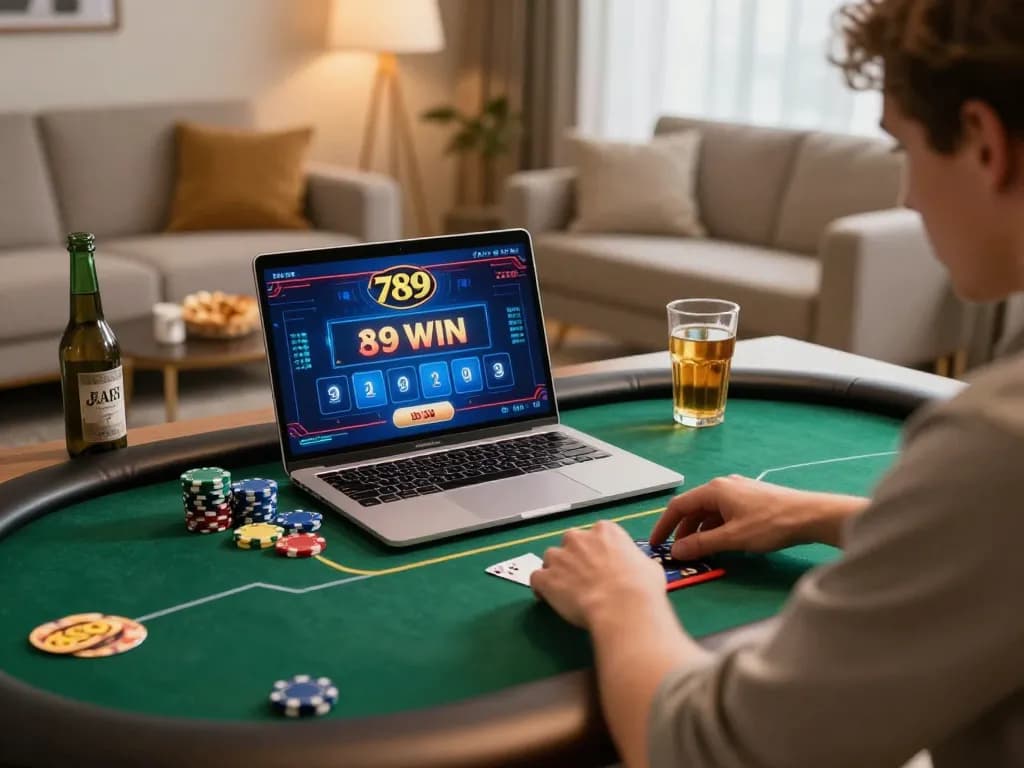 Engaging online poker session showcasing 789 WIN with player in a cozy home environment.