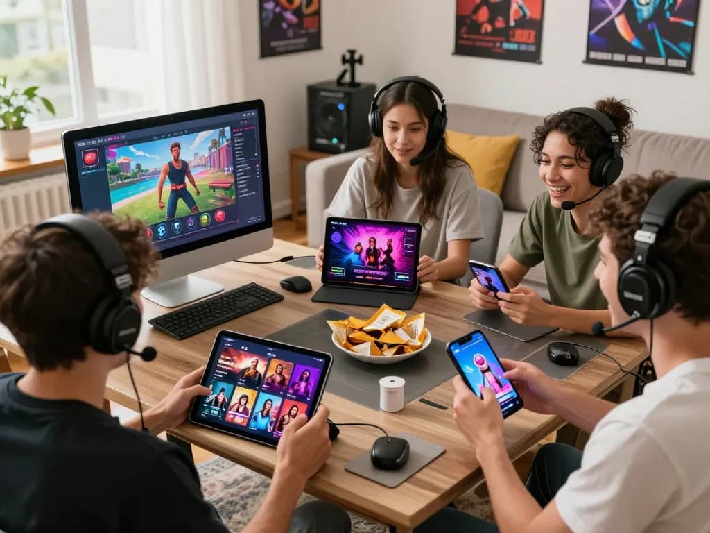Players enjoying various porn games on desktop and mobile devices in a cozy gaming environment.