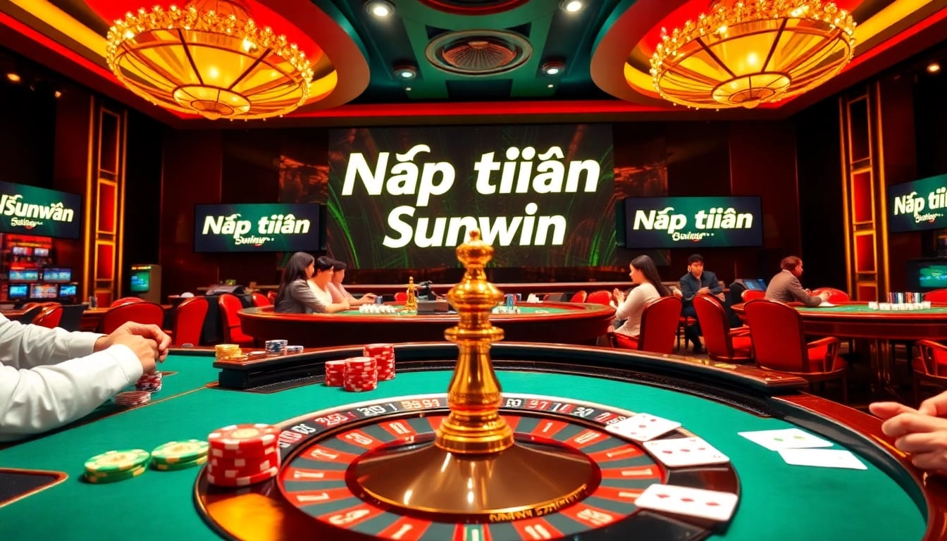 Nạp tiền Sunwin at a high-stakes table with vibrant poker chips and an excited atmosphere.