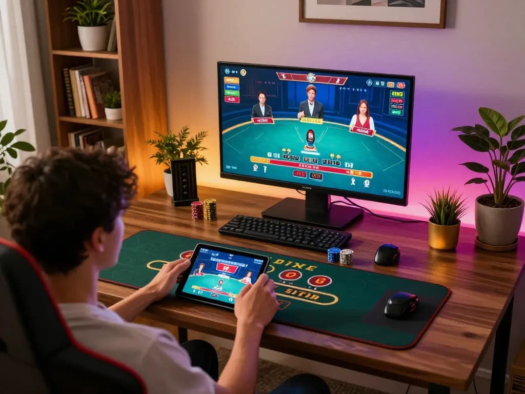 Engaging online gaming at https://www.mnm88.com/ showcasing a player involved in live dealer blackjack from a cozy home setup