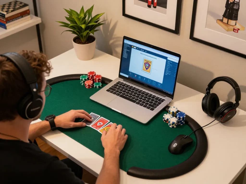 Engaging online poker gameplay at home with Sunwin's casino platform, showing laptop with cards.