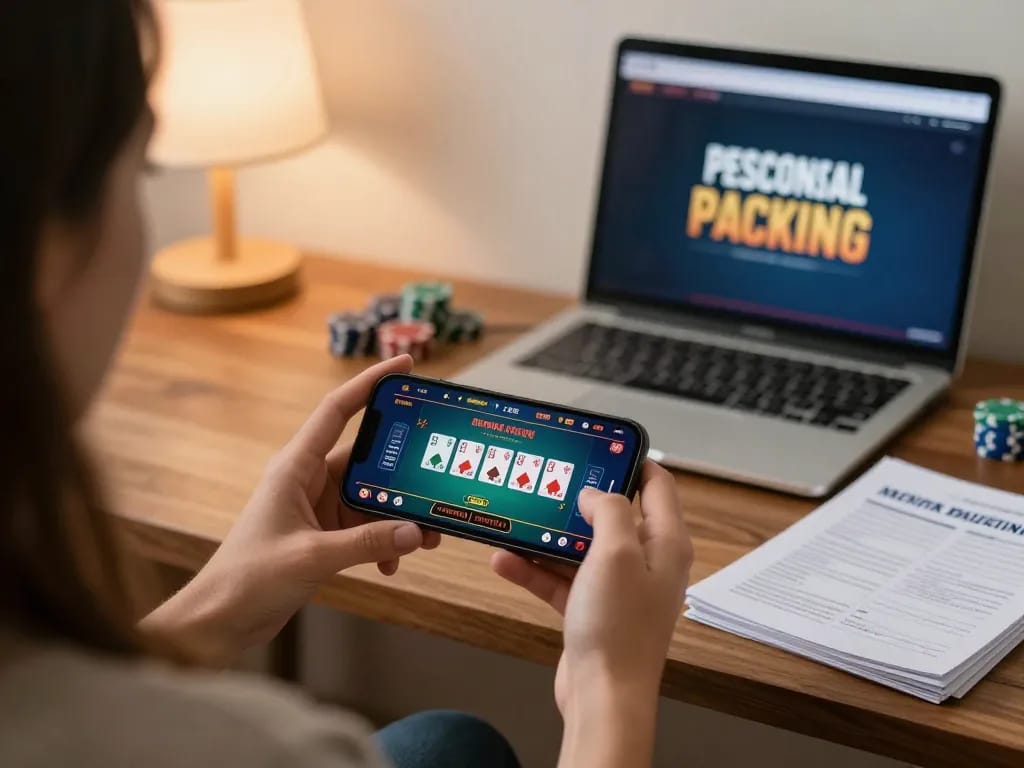 Engaged player enjoying 77bet casino on smartphone, displaying live dealer game
