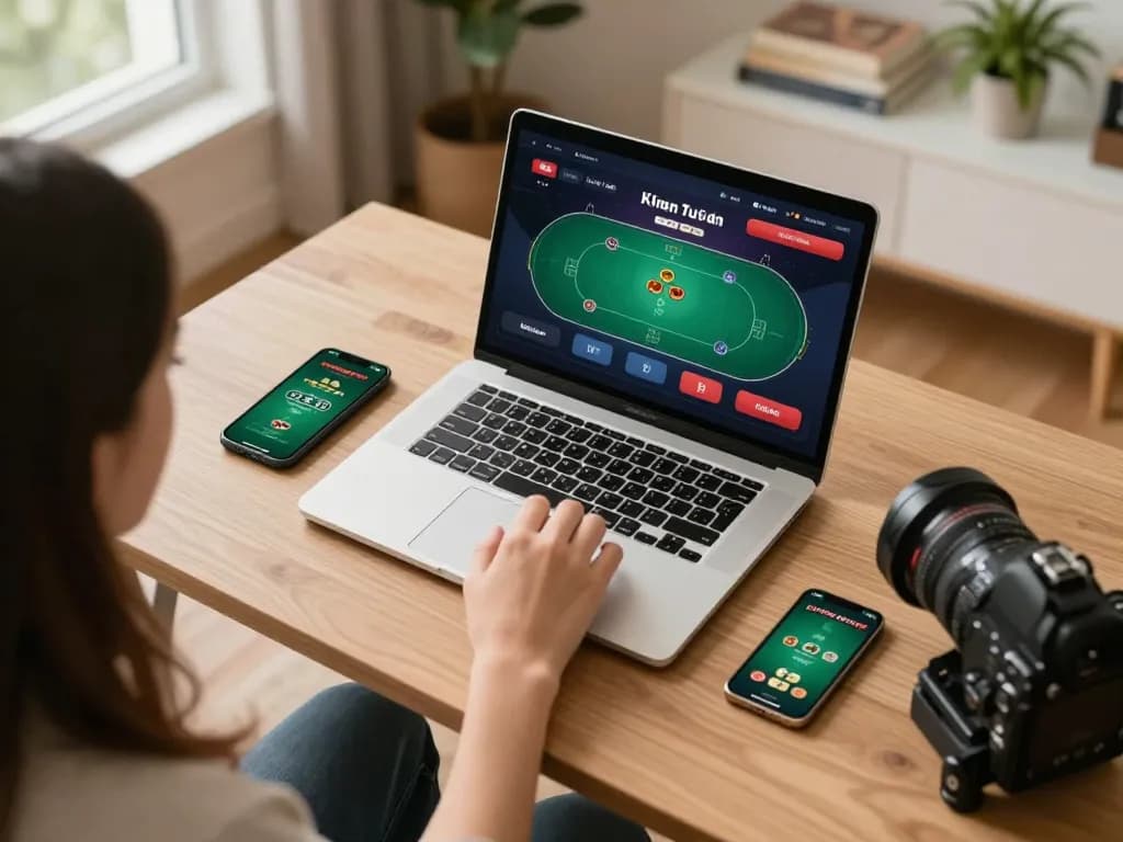 Online poker gameplay on 23winn platform in a cozy home setting, highlighting strategy and engagement.