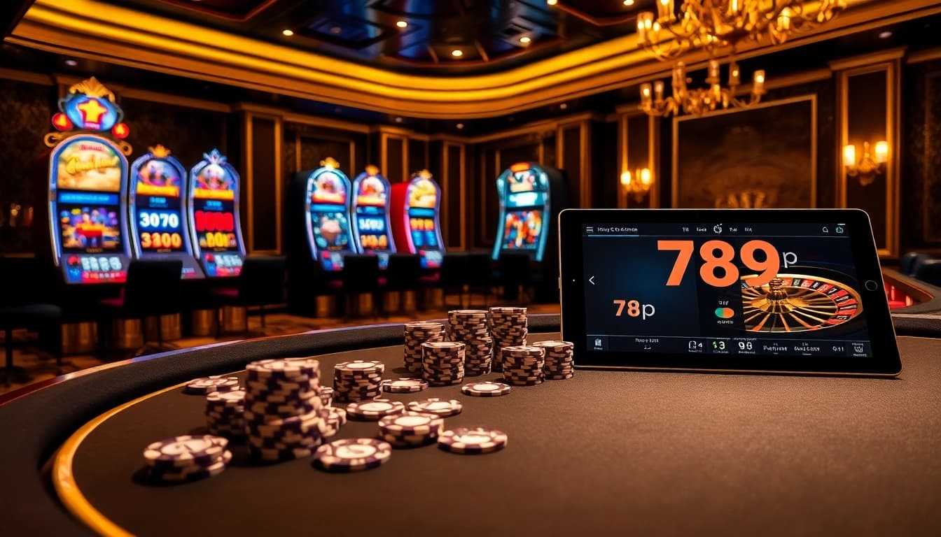 A vibrant casino scene with poker chips and a 789p interface showcasing excitement in gambling.