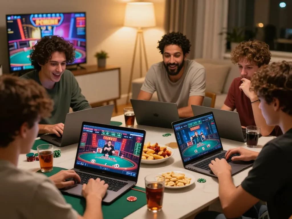 Players strategize in an engaging dh88 online poker game, showcasing excitement and friendly competition.