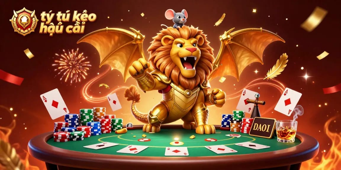 Experience the thrilling action of tỷ lệ kèo nhà cái with this engaging 3D illustration featuring a triumphant chimera and poker elements.