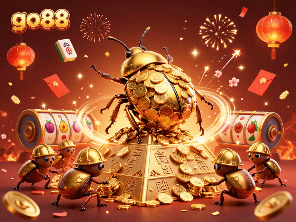 Engage with go88 through an exciting 3D illustration of beetles rolling golden coins in a vibrant casino atmosphere.