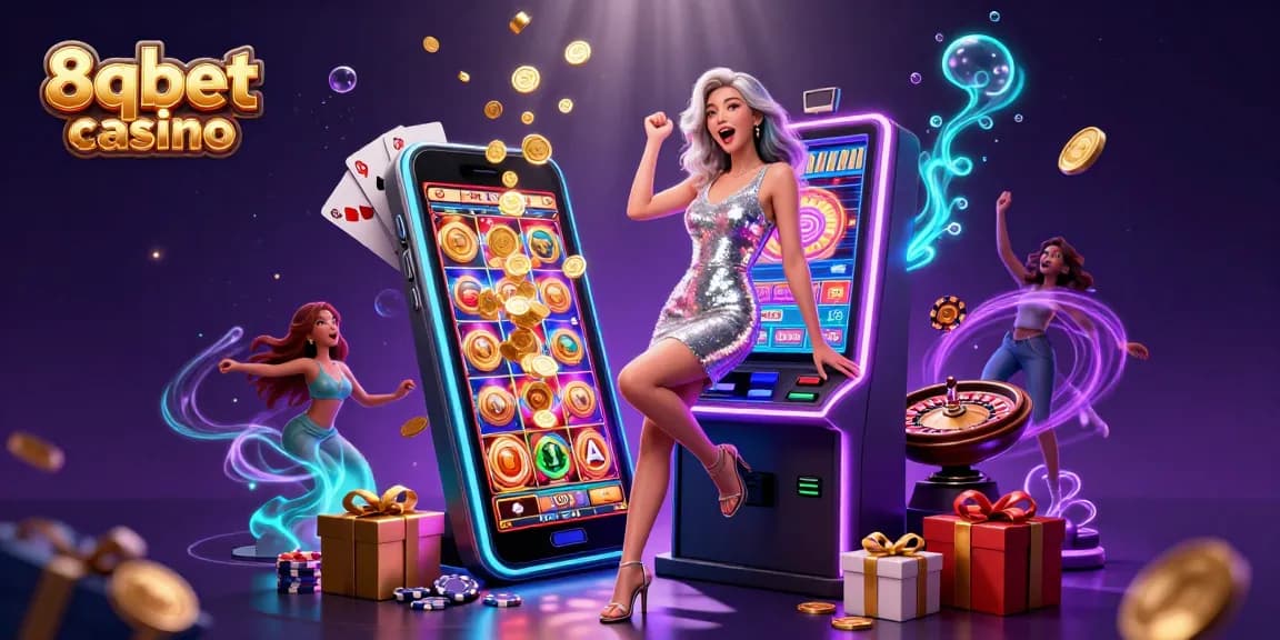 Experience the excitement of 8qbet casino with vibrant slot games and celebratory wins in this dynamic illustration.