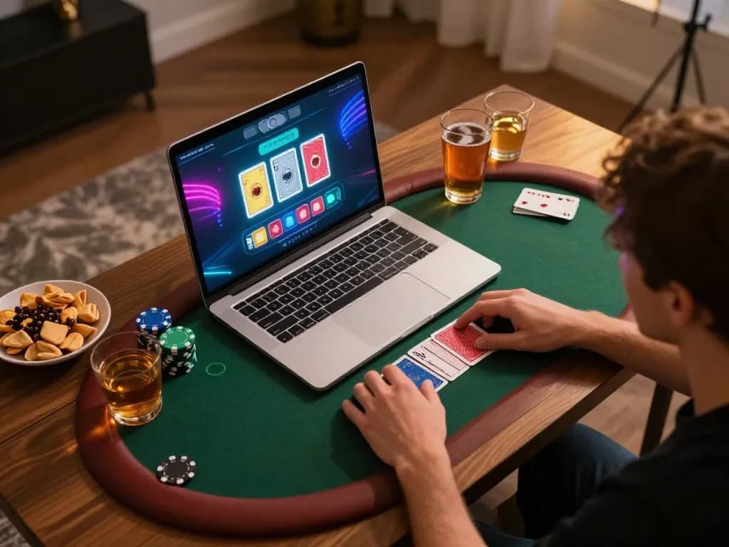 Engaging poker gameplay on laptop at home, showcasing tr88 gaming excitement and strategic decisions