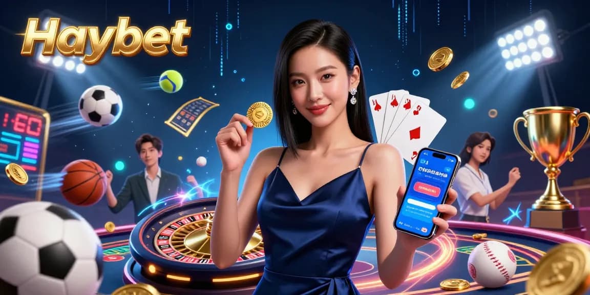 Experience the thrill of betting with Haybet, as a stylish woman holds a golden chip and smartphone against a lively casino backdrop.