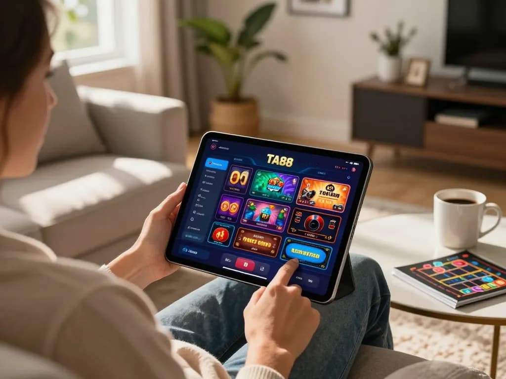 Engaging with App TA88 on a tablet in a cozy home setting, showcasing responsible gaming.