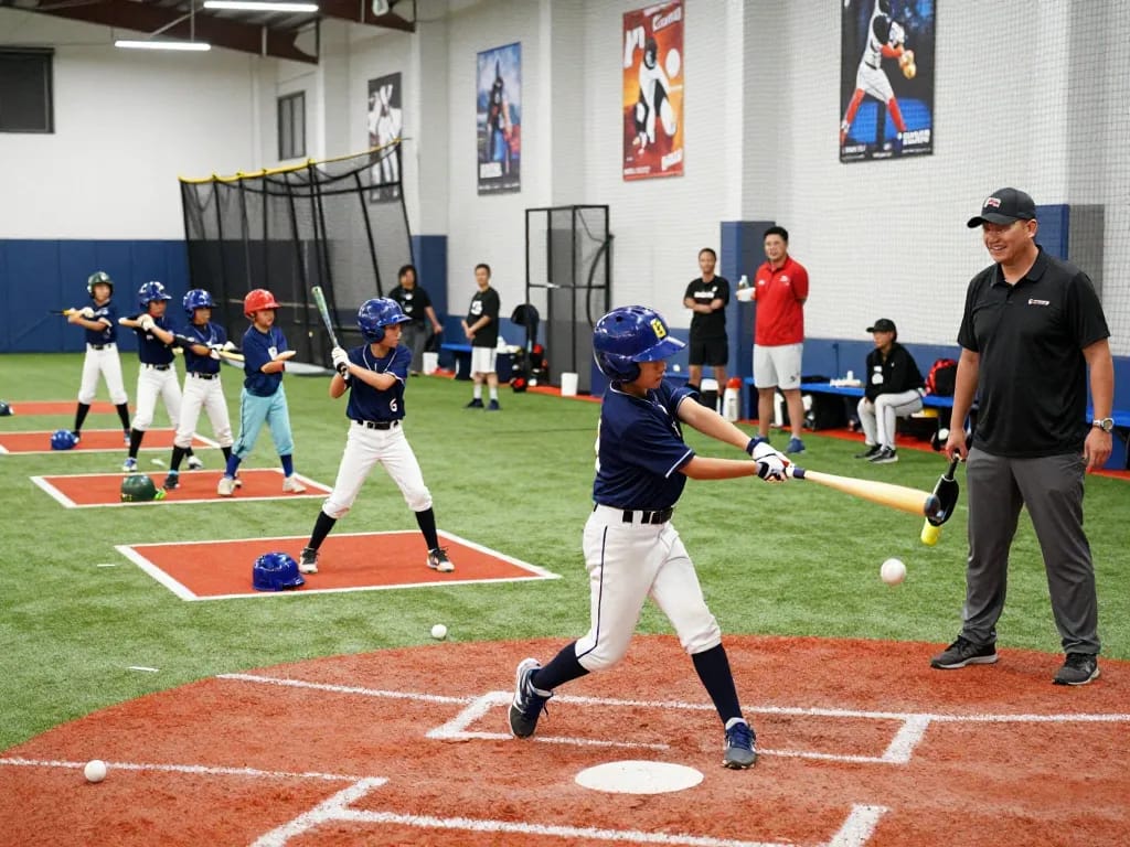 Young athletes training at hitclub indoor baseball facility, practicing their batting skills.