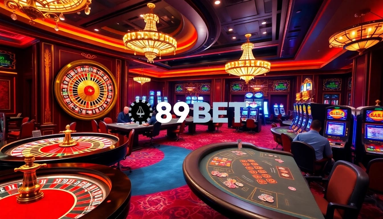 Excited players enjoying games at a luxurious 89BET casino, featuring roulette and poker.