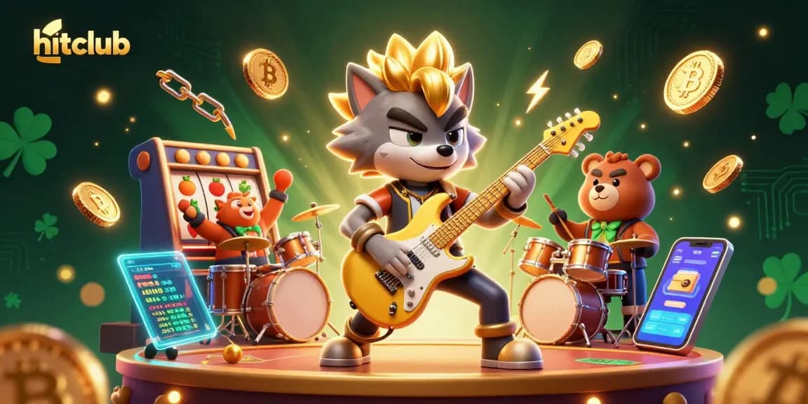 Hitclub's exciting casino scene featuring a rock star wolf and drummer bear performing amid vibrant slot machines.