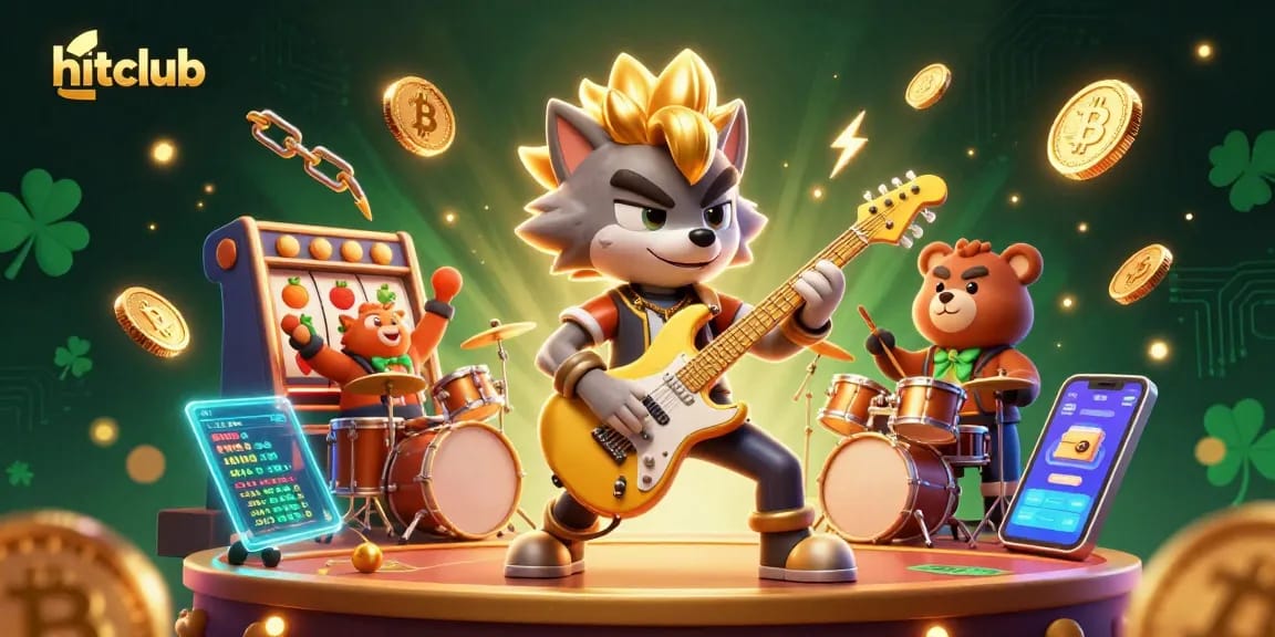 Hitclub's exciting casino scene featuring a rock star wolf and drummer bear performing amid vibrant slot machines.