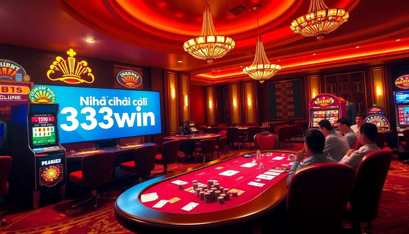 Experience the excitement of Nhà cái 33win with vibrant slot machines and engaging poker players in a luxurious casino setting.