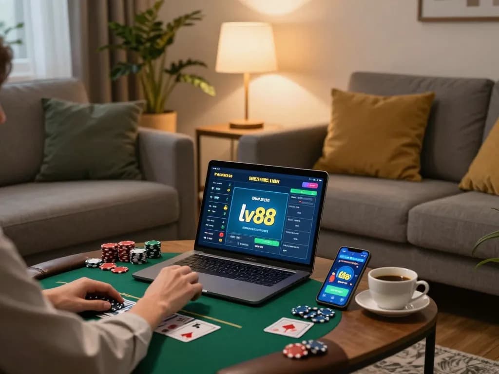 Engaging in online poker on lv88 com with warm ambiance in a cozy home setup.