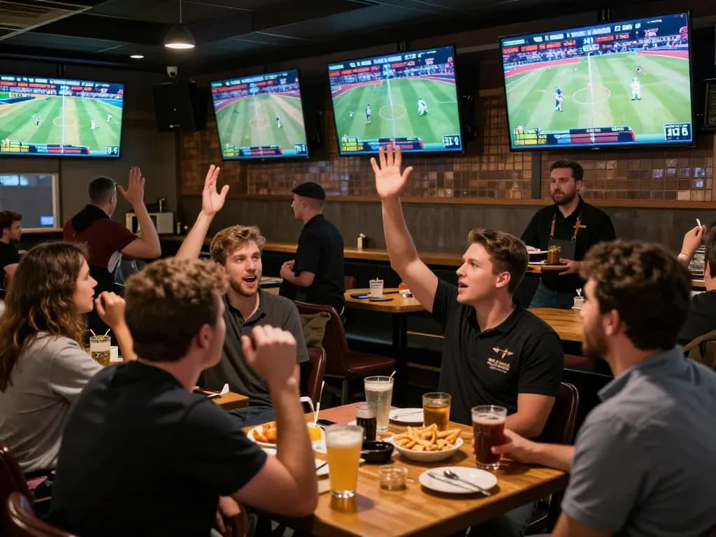Excited sports bettors engaging at KING79 sports bar during live game broadcasts.