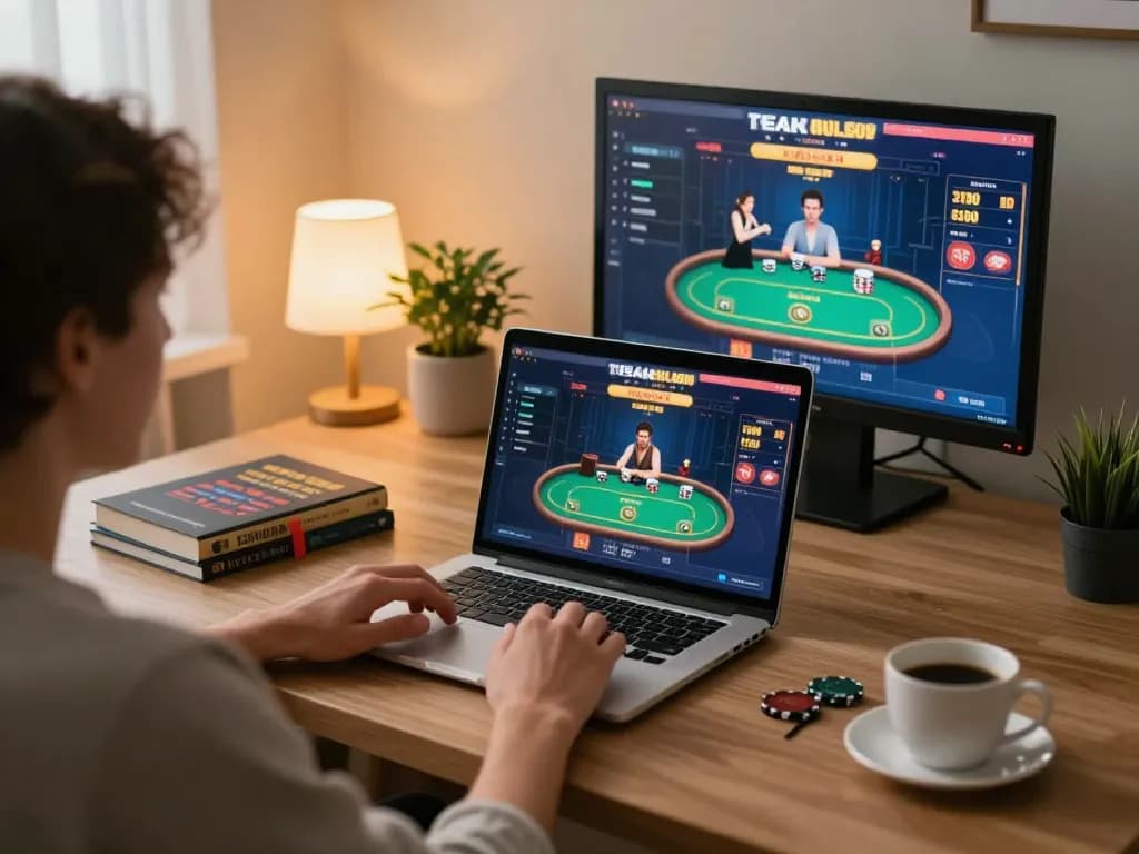 Playing poker online using lucky88z in a cozy home office setup, showcasing strategic gameplay.
