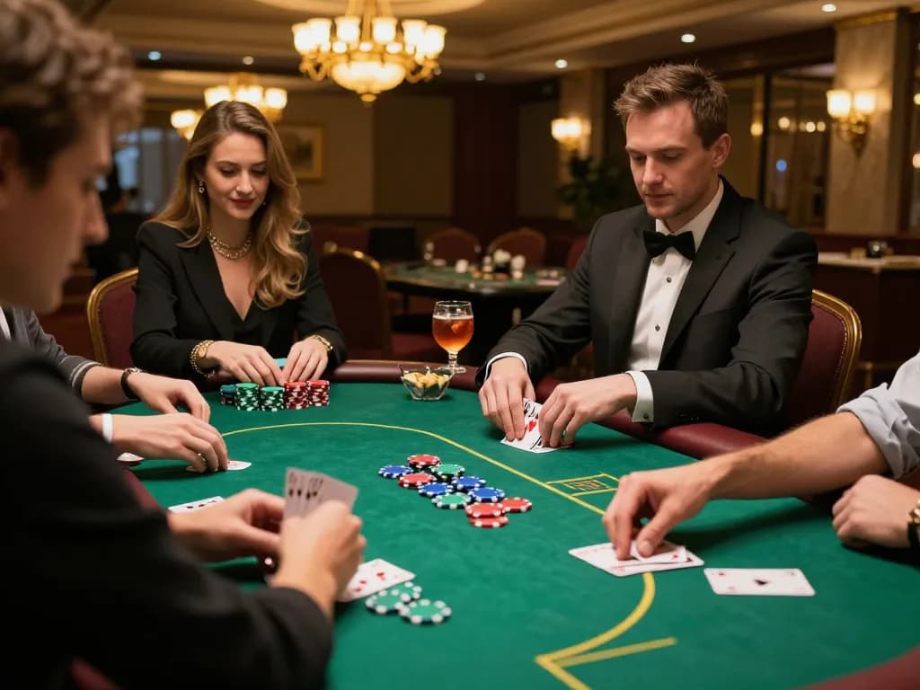 Engaged friends at a poker table showcasing MM88 strategy with colorful chips and cards.