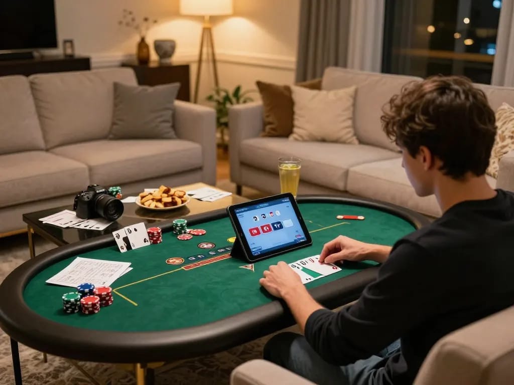 99WIN gaming scene at home with user engaged in an exciting poker match on a tablet.