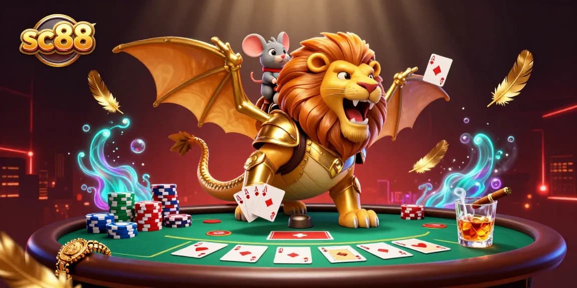 Experience the thrill of sc88 as the chimera roars triumphantly over poker chips and cards, creating a dynamic casino scene.