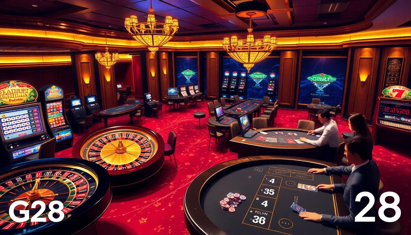 Players enjoying a thrilling roulette game at G28 casino with luxurious decor and vibrant atmosphere.