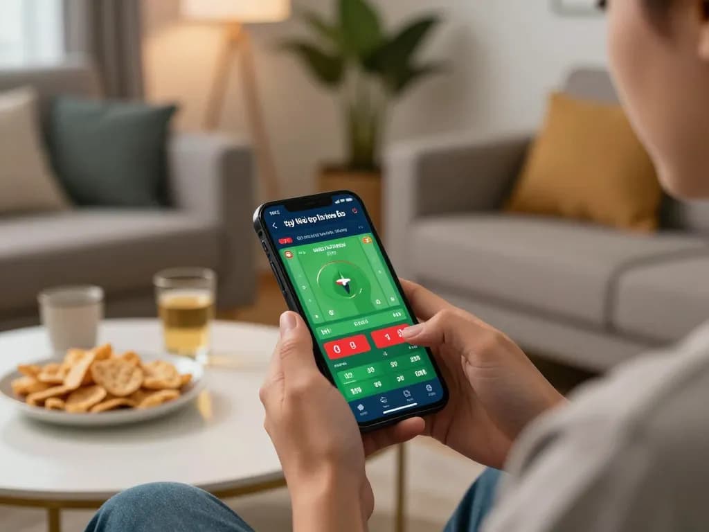 Person using smartphone app to check tỷ lệ kèo nhà cái hôm nay while betting in a cozy living room.