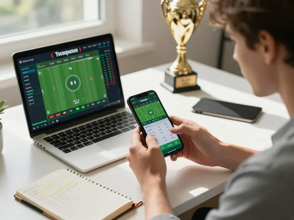 Engaging with sports betting on https://uu88.blog/ through a mobile app, showcasing live odds in a stylish home office.