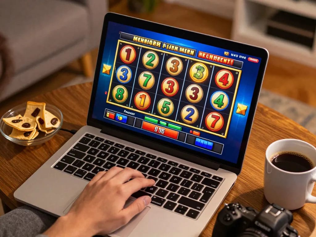 Engaging online gaming scene at home featuring FC88 slot game interface on laptop, showcasing excitement.