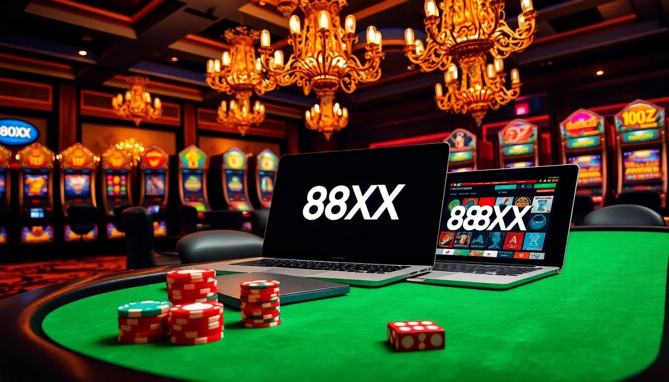 Engaging 88XX gambling scene showcasing a lavish poker table, vibrant chips, and online interface.