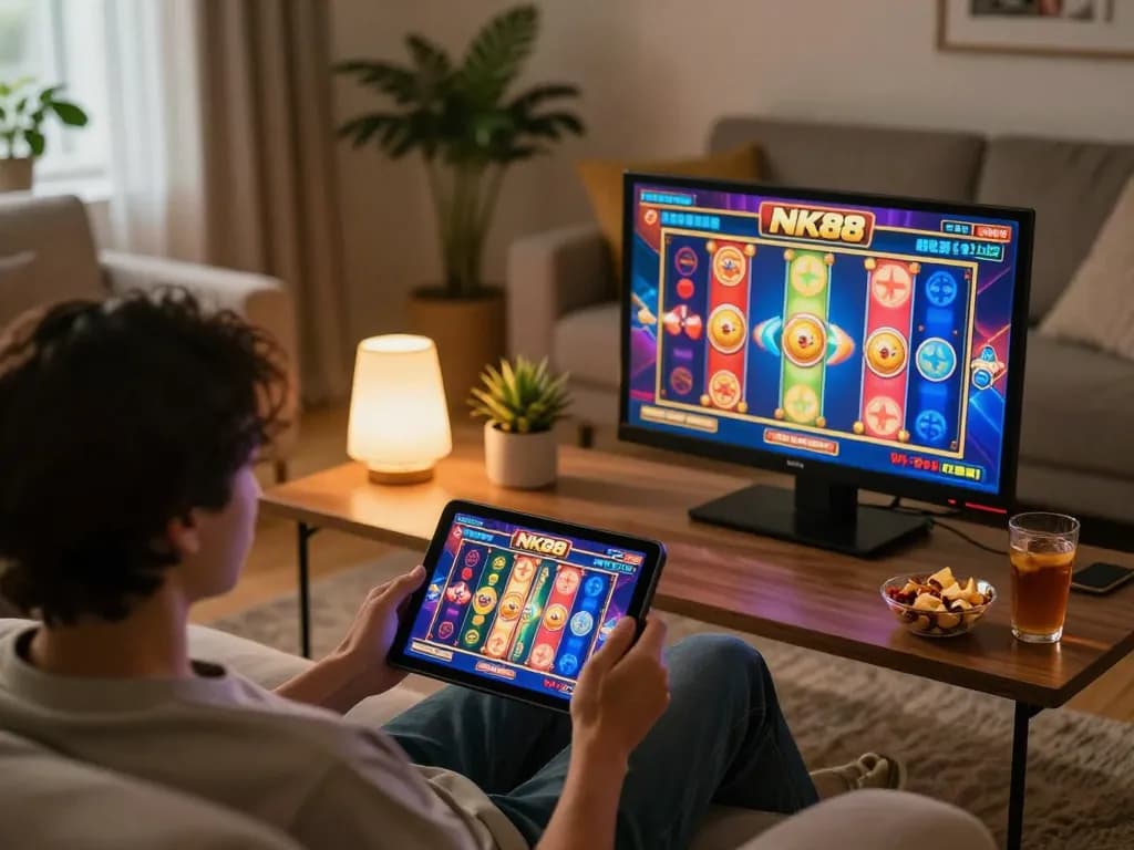 Engaging with NK88 nhà cái on a tablet, enjoying vibrant online casino slots at home