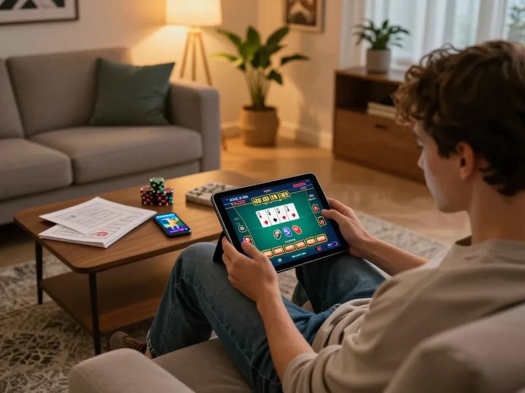 Engaging online casino gameplay at home featuring Go8, with tablet and strategy notes present