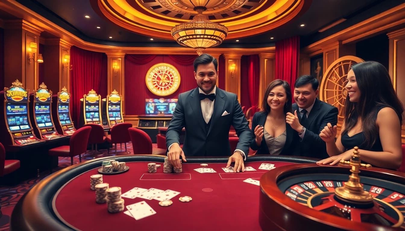 Exciting casino scene showcasing n188 gaming action with poker chips and a roulette wheel.