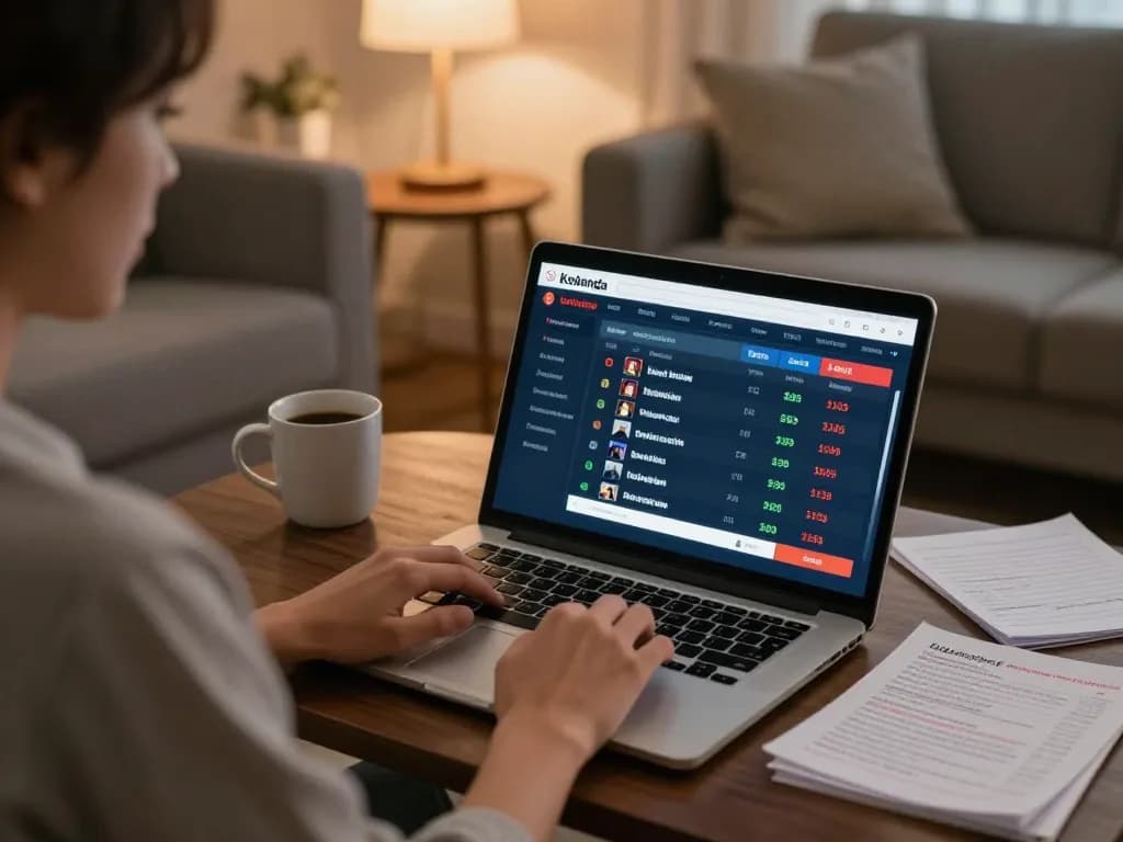 Engaged bettor using keobongda for online sports betting in a cozy home setting