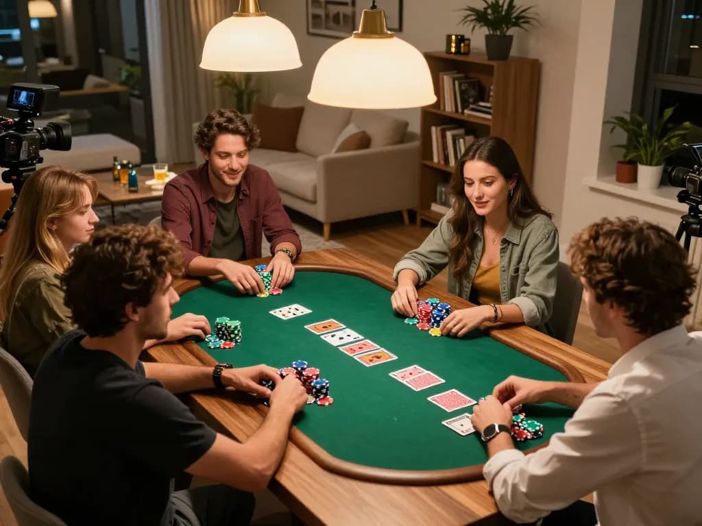 Exciting home poker night scene showcasing friends enjoying the thrill of Winbd Vip gaming with chips and cards.