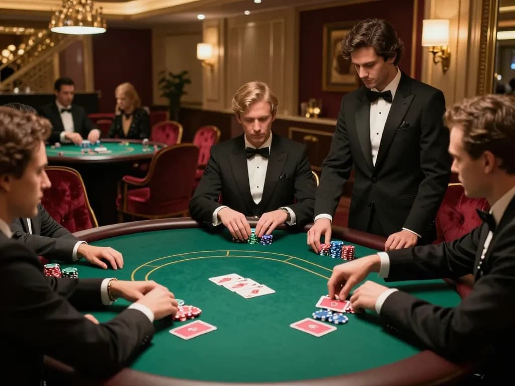 MM88 poker game in luxurious casino setting with engaged players and stylish decor.