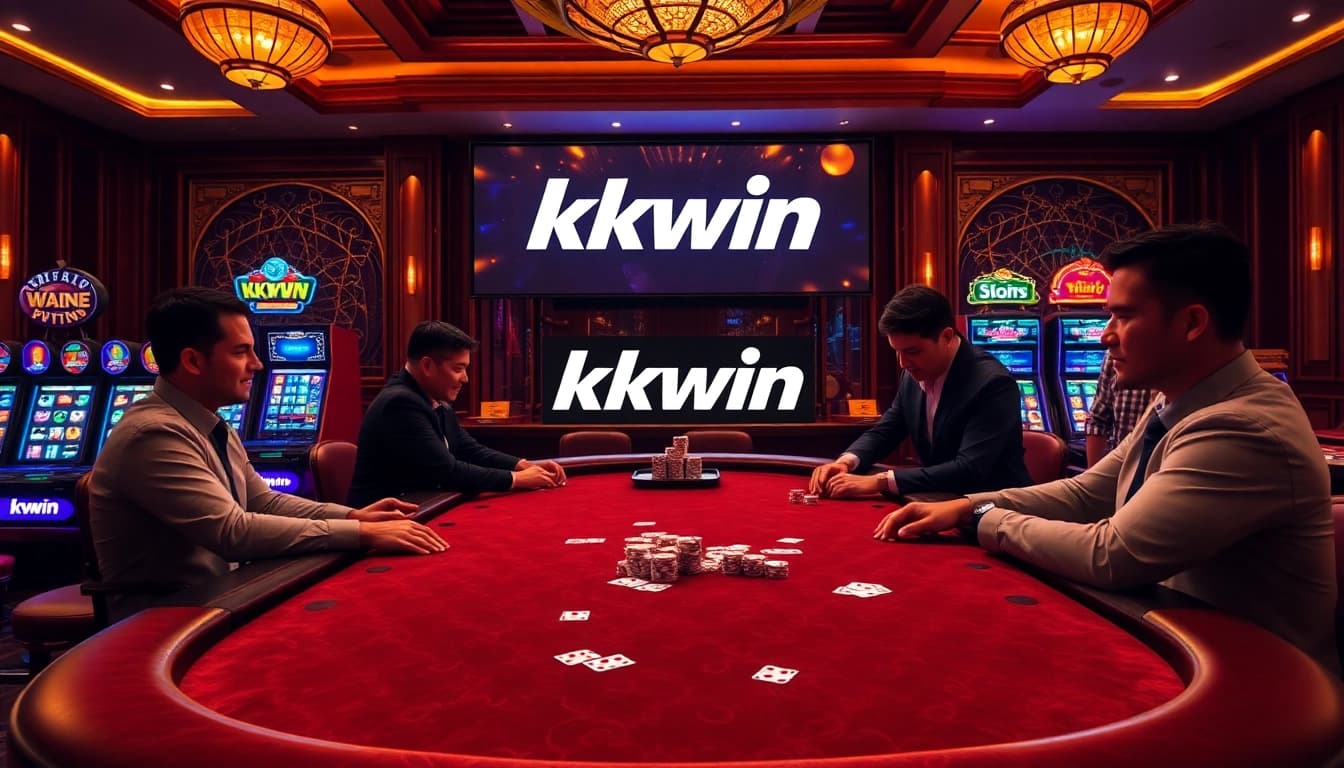 Experience kkwin at a luxurious casino table with players enjoying poker and vibrant slot machines.