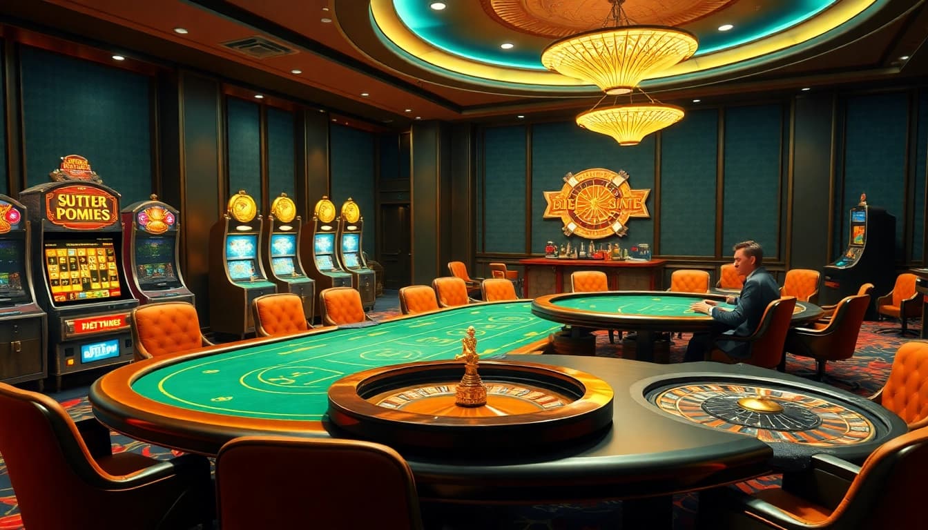 Players enjoying a thrilling casino night at 555win5.co.com with poker tables and slot machines.