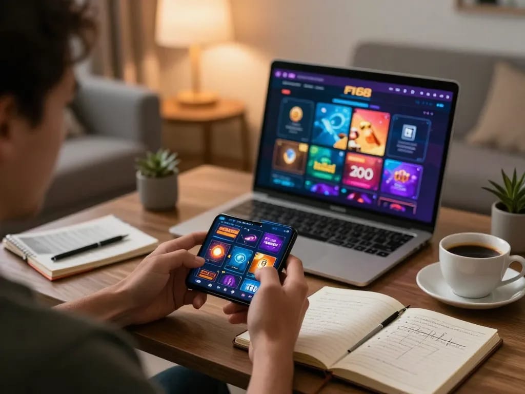 Engaging with link f168 on a smartphone while playing online casino games in a cozy living room setup.