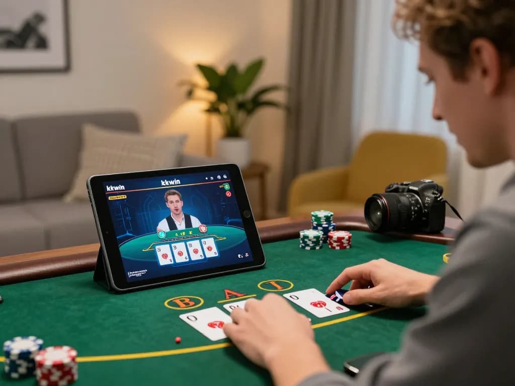 Player enjoying live dealer blackjack on kkwin tablet in cozy home setting