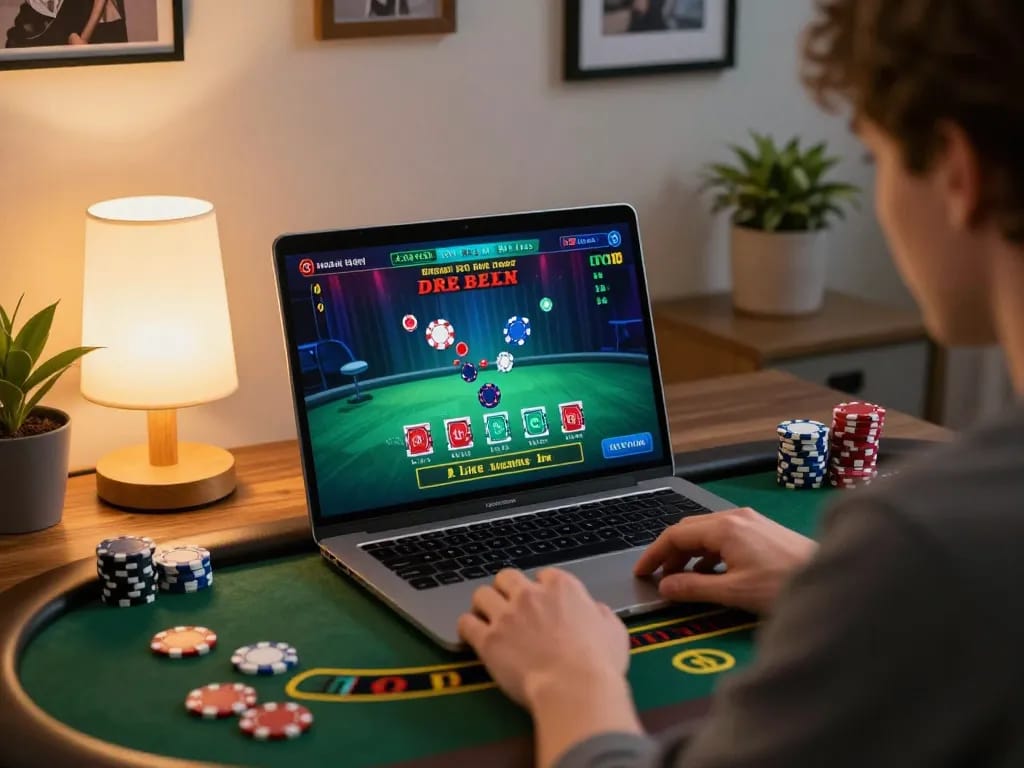 Person engaging in hitclub online blackjack game, chips in motion at a stylish home workspace.