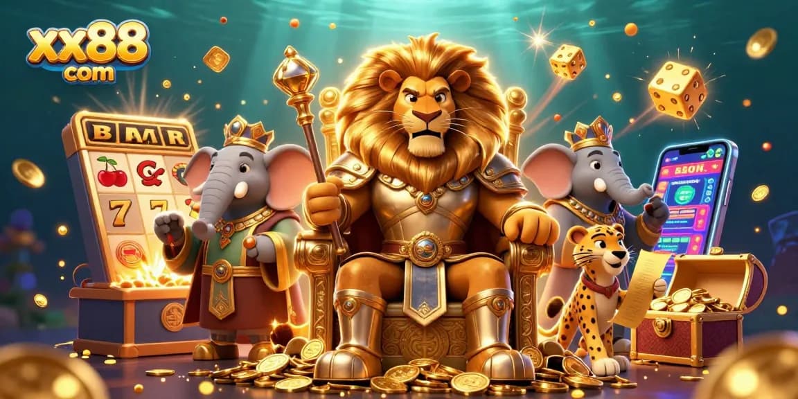 Experience the excitement of xx88 com with a lion king, elephant advisor, and cheetah messenger surrounded by vibrant casino elements.