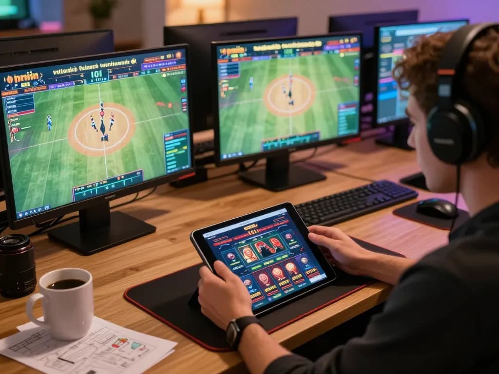 Engaging with online sports betting and casino games on keonhacaii88, with strategy notes in a cozy home setup.