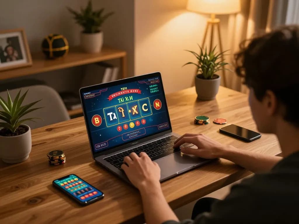 Engaging in Tài Xỉu online on a laptop in a cozy, well-decorated home gaming setup