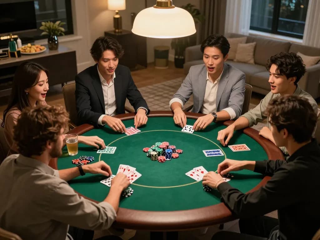 Lô Đề Uy Tín players strategizing during a poker game at home, showcasing lively interactions and excitement.